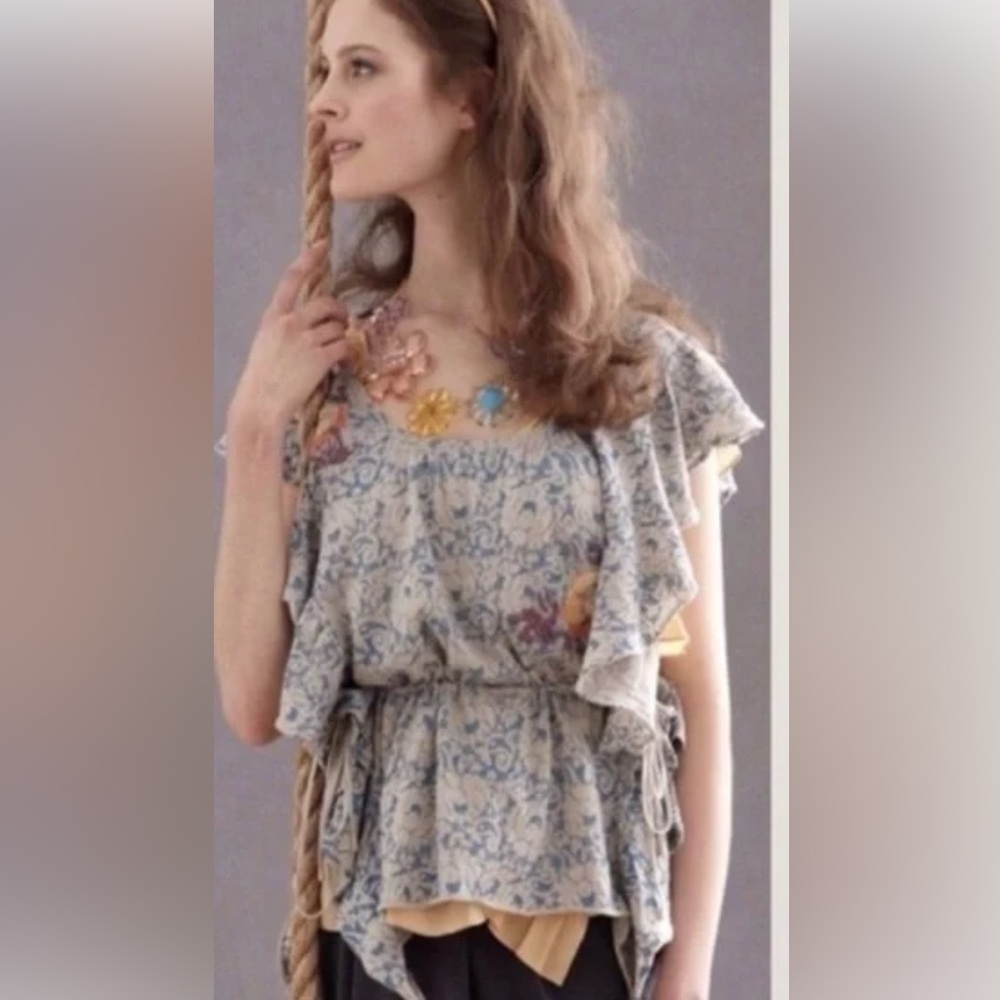 Anthropologie Moth Top Embroidered Blue Cream Chantilly Begonia Boho Hippie S/M